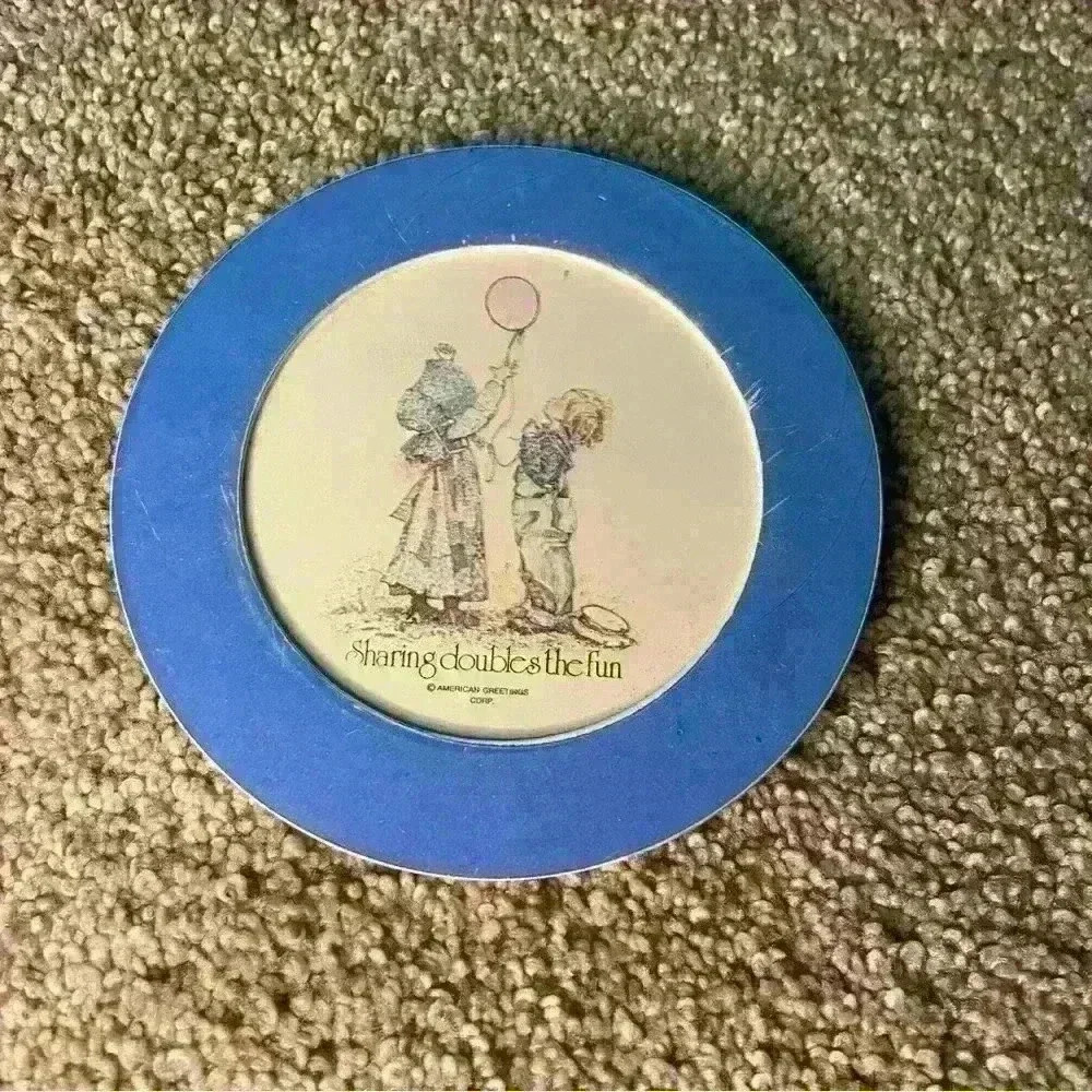 Holly Hobbies Vintage Small‎ plate, Sharing Doubles The Fun, Blue plastic.